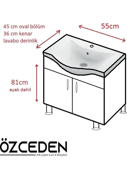 Yıldız Banyo Dolabı 55 cm Ayaklı Beyaz Mdf Alt Modül ve Lavabo