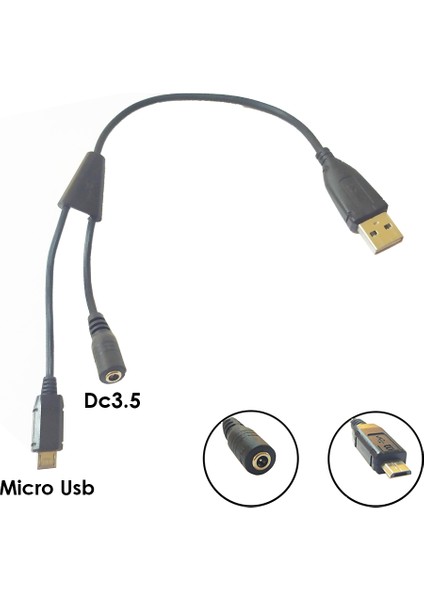 USB Erkek To Micro USB Erkek Dc3.5 Dişi Kablo 25 cm