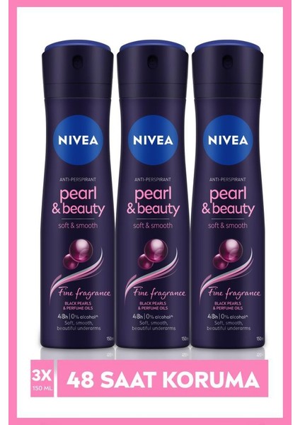 Kadın Sprey Deodorant Pearl & Beauty Fine Fragrance 150 ml x3 Adet,48 Saat Anti-perspirant Koruma