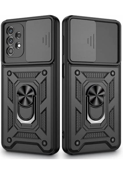 Samsung Galaxy A53 Kılıf Yüzüklü Standlı Kamera Korumalı + Temperli Cam