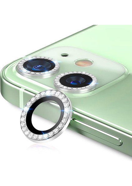 iPhone 11 Uyumlu Swarovski Taşlı Kamera Lensi Koruma Camı Gümüş