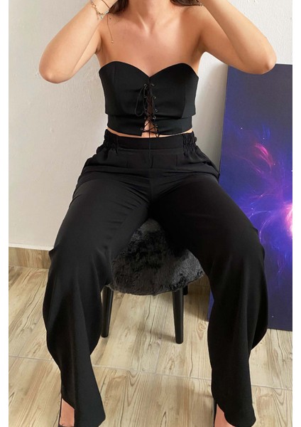 Kadın Beli Büzgülü Yüksek Bel Siyah Bol Paça Pantolon indirimleri