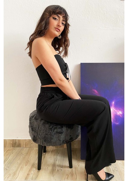 Kadın Beli Büzgülü Yüksek Bel Siyah Bol Paça Pantolon fırsatları