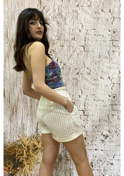 Naturel Fitilli Şile Bezi Kırık Beyaz Kadın Şort