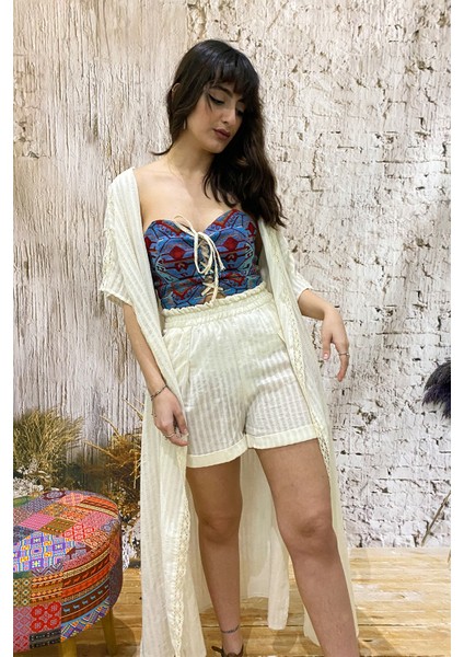 Pamuk Kumaş Kilim Desenli Korse Büstiyer