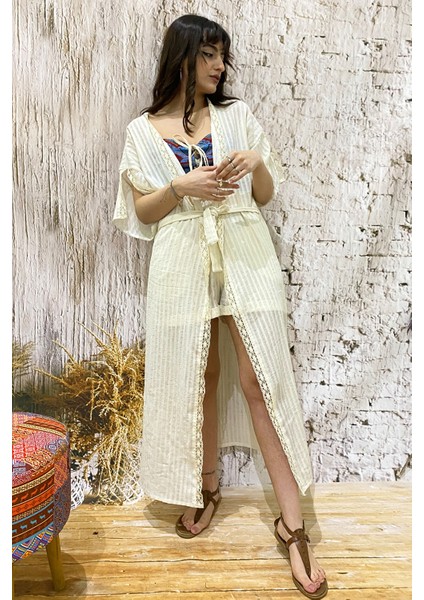 Pamuk Dantel Şeritli Şile Bezi Plaj Kimono