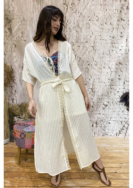 Pamuk Dantel Şeritli Şile Bezi Plaj Kimono fiyatları