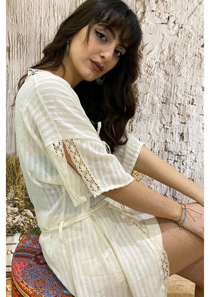 Pamuk Dantel Şeritli Şile Bezi Plaj Kimono fırsatları