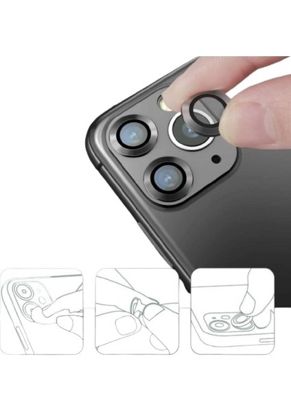 Apple iPhone 11 Pro Max Kamera Lens Koruyucu Kırılmaz Metal Çerçeveli Kamera Lens Koruma