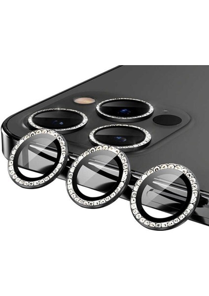 Apple iPhone 11 Pro Taşlı Kamera Lens Kırılmaz Cam Koruyucu Swarovski Taşlı Metal Çerçeveli Lens Koruma
