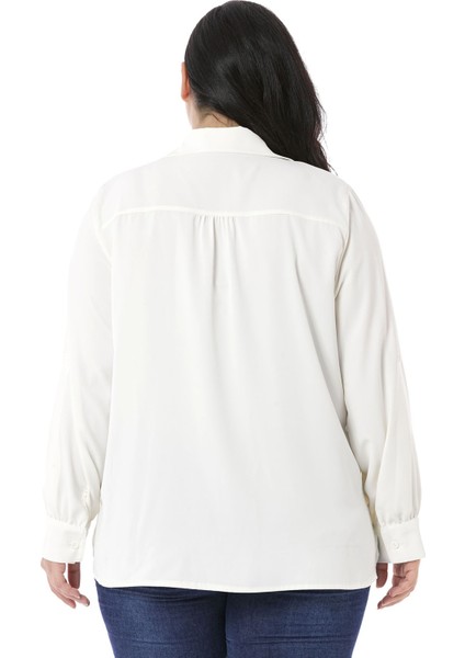 Büyük Beden Süs Cep Kapaklı Taş ve Toka Detaylı Katlamalı Kollu Beyaz Gömlek modelleri