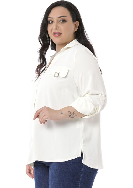 Büyük Beden Süs Cep Kapaklı Taş ve Toka Detaylı Katlamalı Kollu Beyaz Gömlek indirimleri