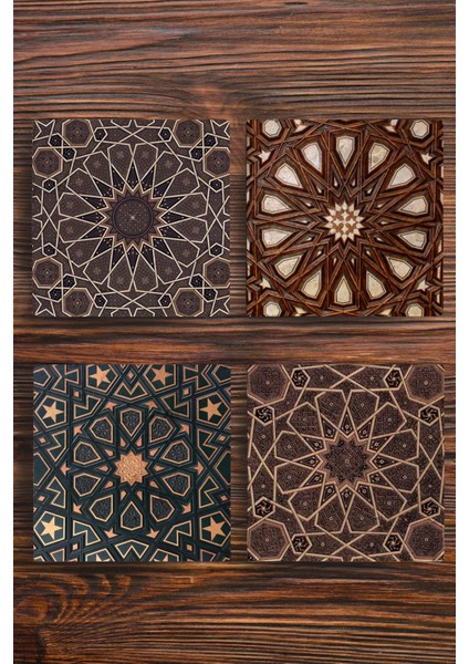 Doğal Taş Bardak Altlığı 4'lü Set - Selçuklu Desenleri