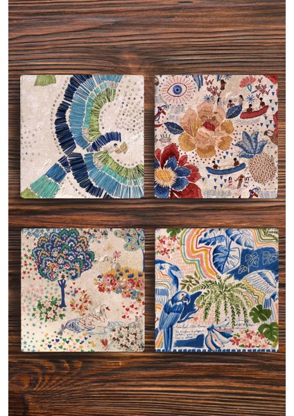 Doğal Taş Bardak Altlığı 4'lü Set - Desenli