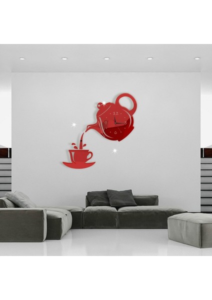 2 Adet Diy Akrilik Cof Fincan Çaydanlık 3D Duvar Saati Kırmızı (Yurt Dışından)