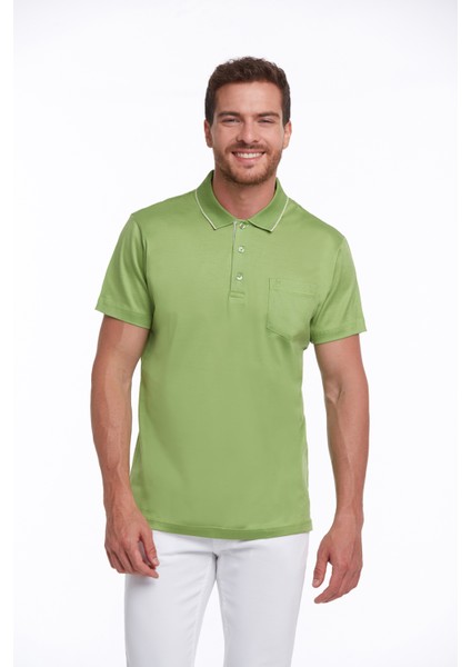 Fıstık Yeşili Regular Fit %100 Pamuk Basic Polo Yaka Tişört