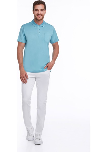 Erkek Turkuaz Regular Fit Merserize %100 Pamuk Basic Polo Yaka Tişört