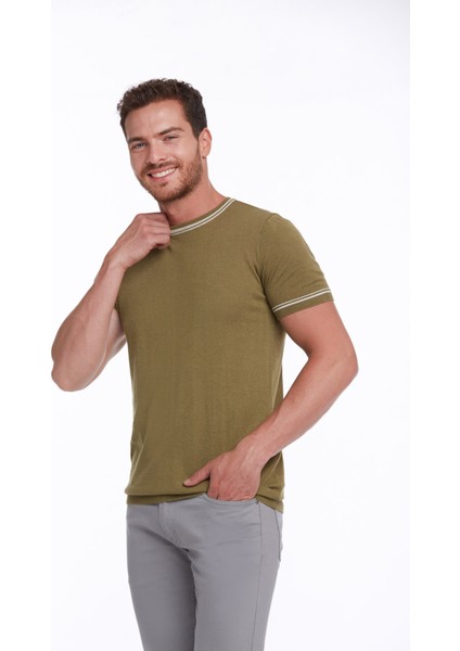 Erkek Yeşil Slim Fit Basic Bisiklet Yaka Triko Tişört