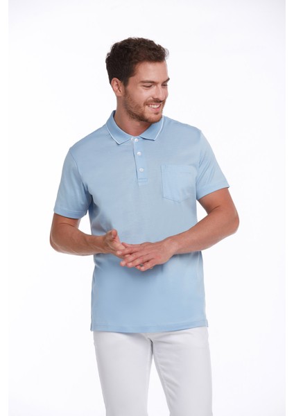 Erkek Mavi Regular Fit Merserize %100 Pamuk Basic Polo Yaka Tişört