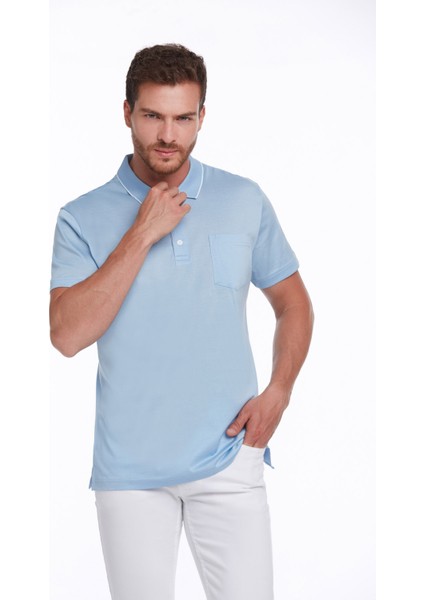 Erkek Mavi Regular Fit Merserize %100 Pamuk Basic Polo Yaka Tişört