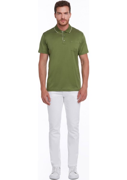 Erkek Yeşil Regular Fit Merserize %100 Pamuk Basic Polo Yaka Tişört