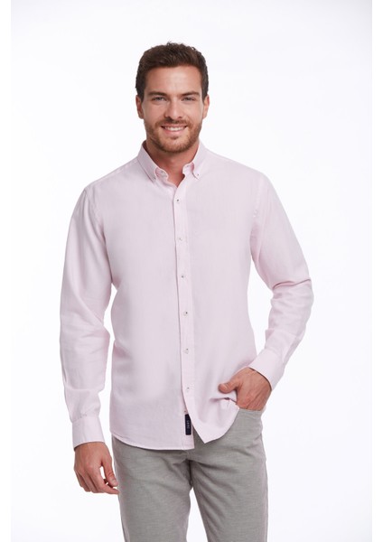 Erkek Pembe Comfort Fit %100 Pamuk Uzun Kollu Basic Gömlek