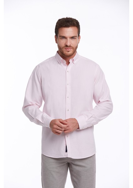 Erkek Pembe Comfort Fit %100 Pamuk Uzun Kollu Basic Gömlek