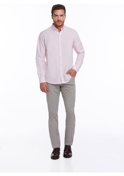 Erkek Pembe Comfort Fit %100 Pamuk Uzun Kollu Basic Gömlek