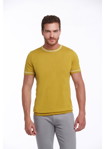 Erkek Hardal Slim Fit Basic Bisiklet Yaka Triko Tişört