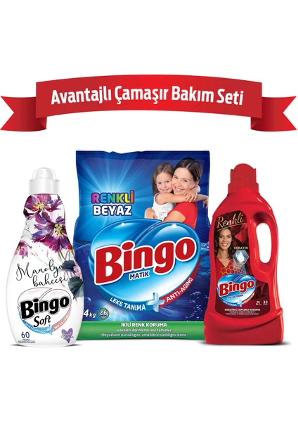 Avantajlı Çamaşır Bakım Seti: Bingo Toz Deterjan 4kg + Sıvı Deterjan 2L + Çamaşır Yumuşatıcısı