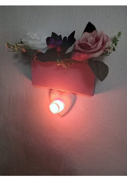 Ahşap Duvar Çiçekliği Ledli Mumluk Duvar Gece Lambası Pembe B9