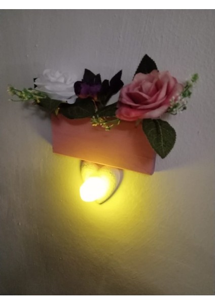 Ahşap Duvar Çiçekliği Ledli Mumluk Duvar Gece Lambası Pembe B9