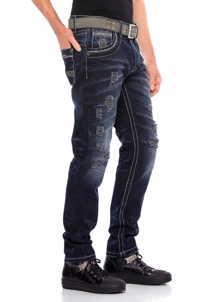 CD539 Yıtrık Nakışlı Lacivert Rahat Kesim Kot Pantolon