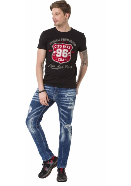 CT670 Taşlı Rozet Logo Siyah Tişört