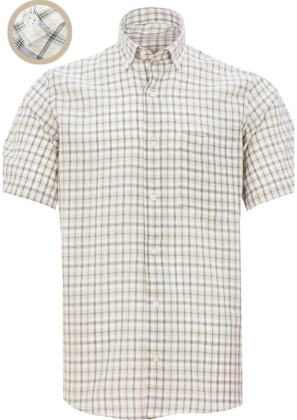 Erkek Beyaz-Taba Klasik Kesim Düğmeli Yaka Kareli Kısa Kollu Gömlek fiyatları