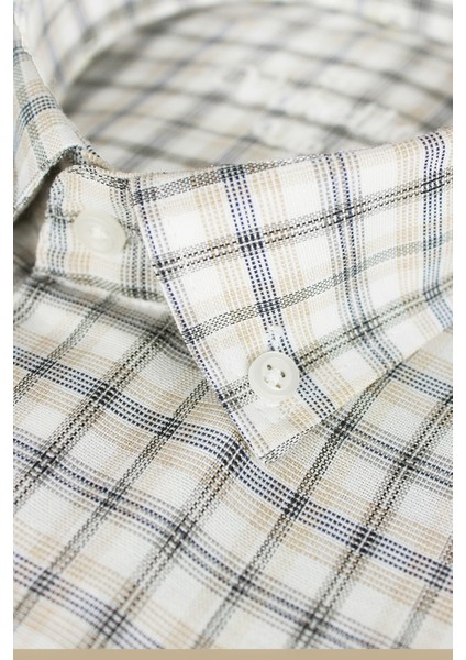 Erkek Beyaz-Taba Klasik Kesim Düğmeli Yaka Kareli Kısa Kollu Gömlek modelleri