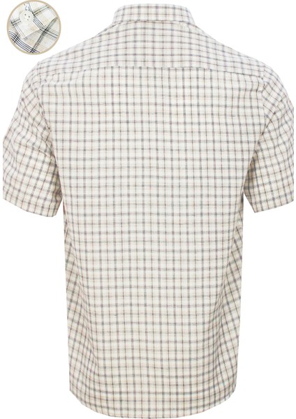 Erkek Beyaz-Taba Klasik Kesim Düğmeli Yaka Kareli Kısa Kollu Gömlek fırsatları