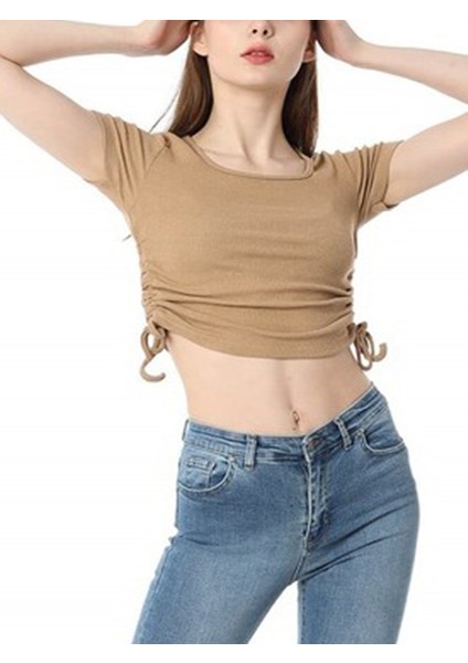 Camel Yanları Büzgülü B Yaka Crop
