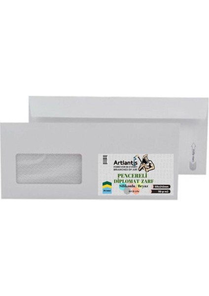 Diplomat Zarf Pencereli 10.5X24 cm Beyaz 90 gr Silikonlu 25'li 1 Paket Artlantis 105*240 mm Para Zarfı Beyaz 25 Li 1 Paket
