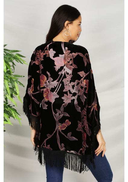 Select Moda Kadın Siyah Püsküllü Kimono