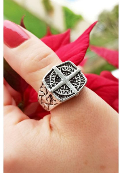 Antik Gümüş Kaplama Pusula Şekilli El Yapımı Ayarlanabilir Erkek Yüzük