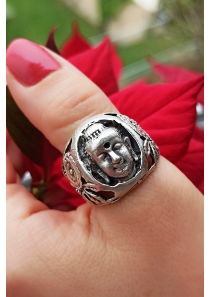 Antik Gümüş Kaplama Budha Şekilli El Yapımı Ayarlanabilir Erkek Yüzük