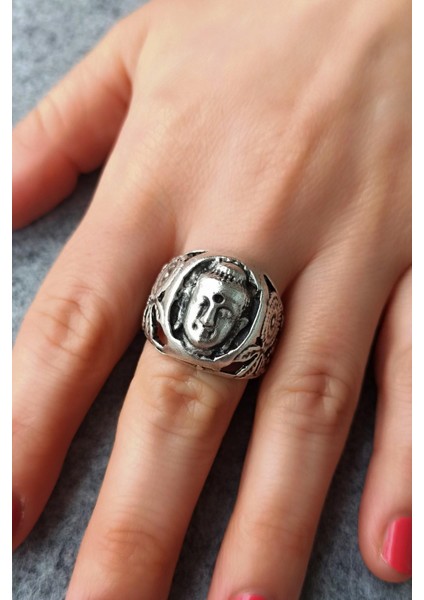 Antik Gümüş Kaplama Budha Şekilli El Yapımı Ayarlanabilir Erkek Yüzük modelleri