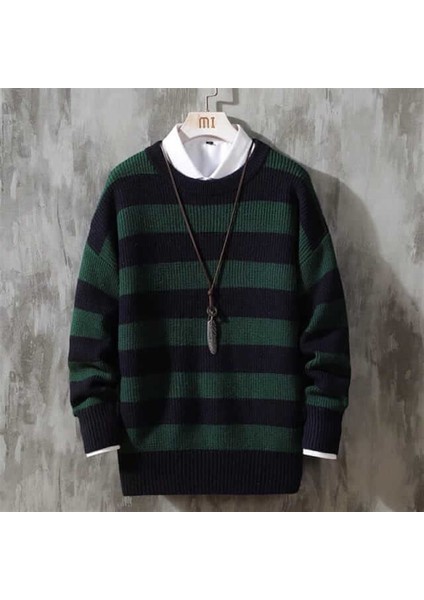 Yeşil Siyah Çizgili Streetwear Oversize Kazak-Standart-Yeşil-Siyah