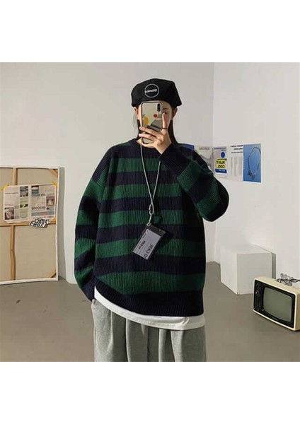 Yeşil Siyah Çizgili Streetwear Oversize Kazak-Standart-Yeşil-Siyah fiyatları