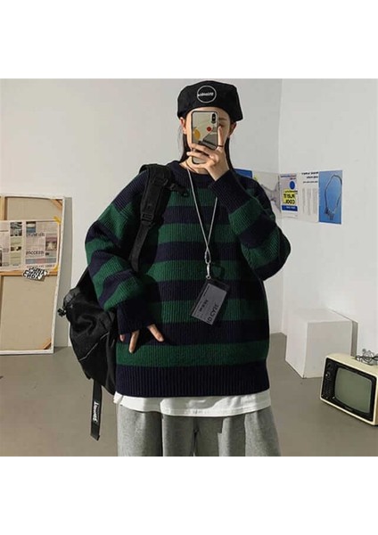 Yeşil Siyah Çizgili Streetwear Oversize Kazak-Standart-Yeşil-Siyah modelleri