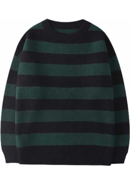 Yeşil Siyah Çizgili Streetwear Oversize Kazak-Standart-Yeşil-Siyah fırsatları