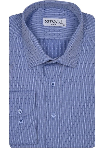 Slim Fit Armür Desenli Mavi Erkek Gömlek