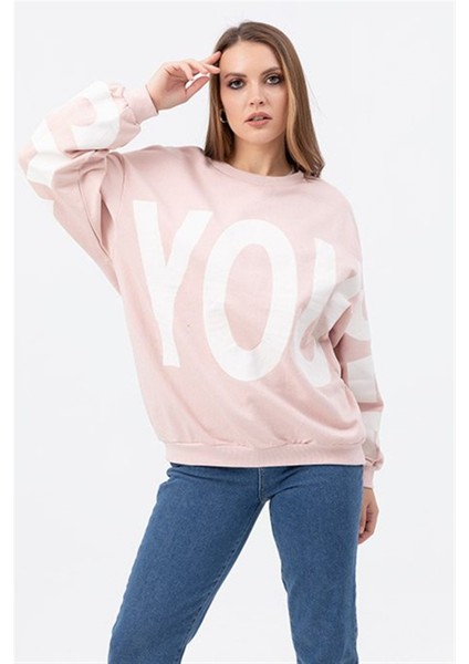 Oversize Baskılı Pembe Sweatshirt modelleri