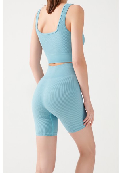 Kadın Mavi Yüksek Bel Fitilli Toparlayıcı Kısa Spor Tayt Ribbed Biker